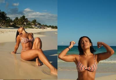 Bella Campos posa de biquíni em praia paradisíaca