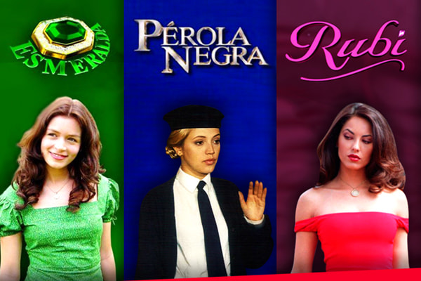 Montagem com as novelas Esmeralda, Pérola Negra e Rubi