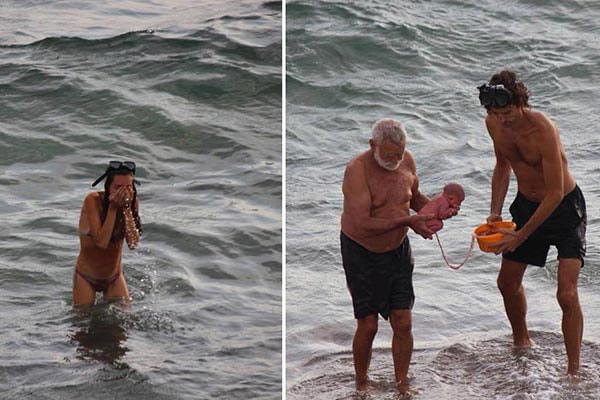 montagem das imagens da mulher dando à luz