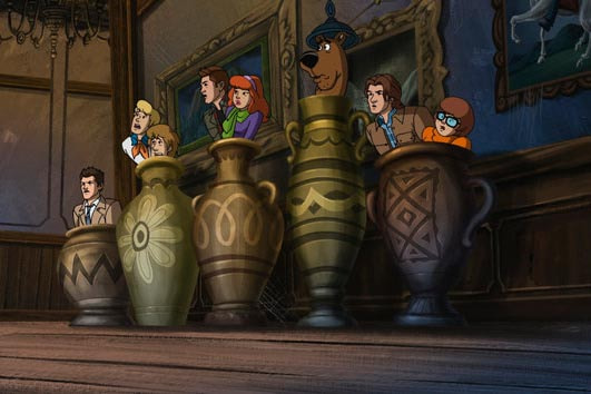 imagem da turma de scooby-doo e supernatural escondidos, com medo, dentro de vasos