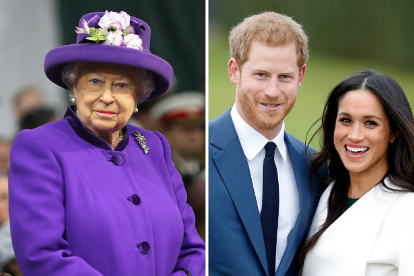 Montagem de fotos da rainha Elizabeth e do casal Harry e Meghan