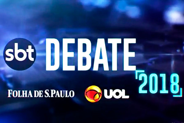 Arte do debate com o logo do SBT, Uol e Folha de São Paulo