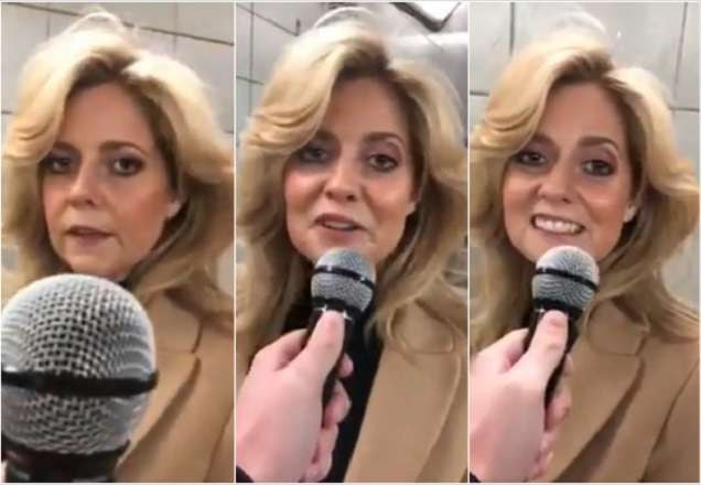 Print Screen de trecho do vídeo em que a anônima Charlotte Awbery canta com um microfone em primeiro plano