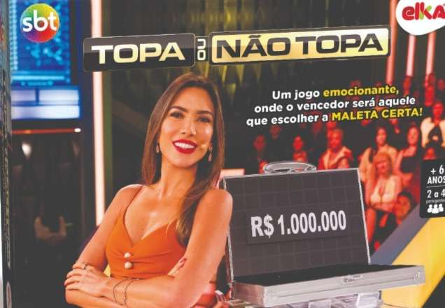 Patrícia Abravanel aparece na caixa do jogo de tabuleiro do Topa ou Não Topa (Divulgação)