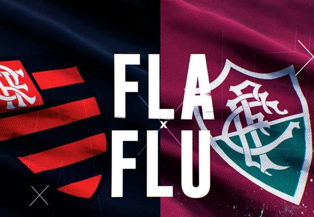 Sobre bandeiras das mesmas cores dos clubes, escudos de Flamengo e Fluminense ficam de lados opostos com a frase Fla x Flu no meio da imagem