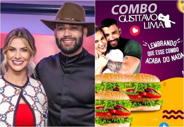 Montagem que mostra, à esquerda, uma foto do ex-casal Gusttavo e Andressa, e à direita, imagem da promoção