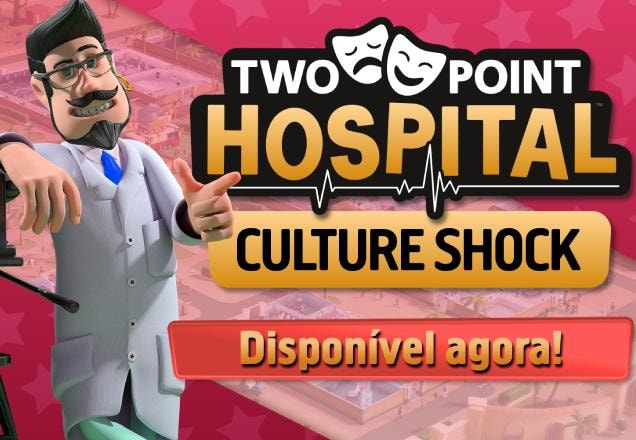 Protagonista de Two Point Hospital com letreiro da DLC Choque Cultural