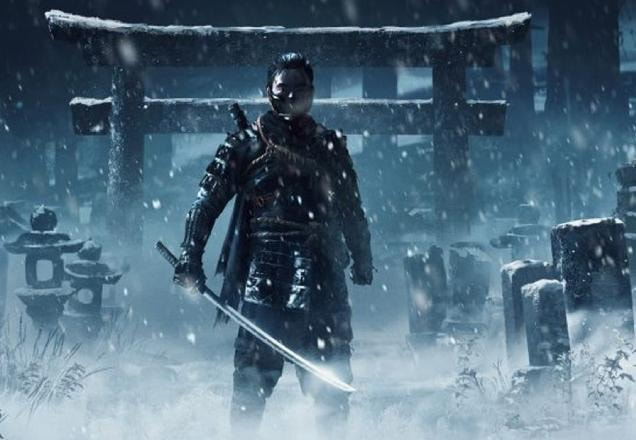 Jin Sakai no meio da neve em Ghost of Tsushima