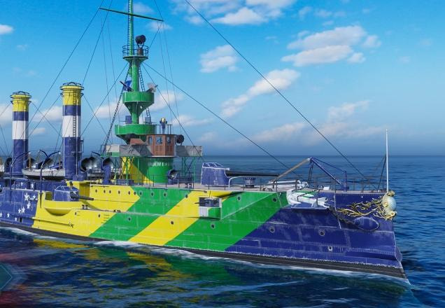 Cruzador Almirante Abreu com camuflagem Ordem e Progresso em World of Warships