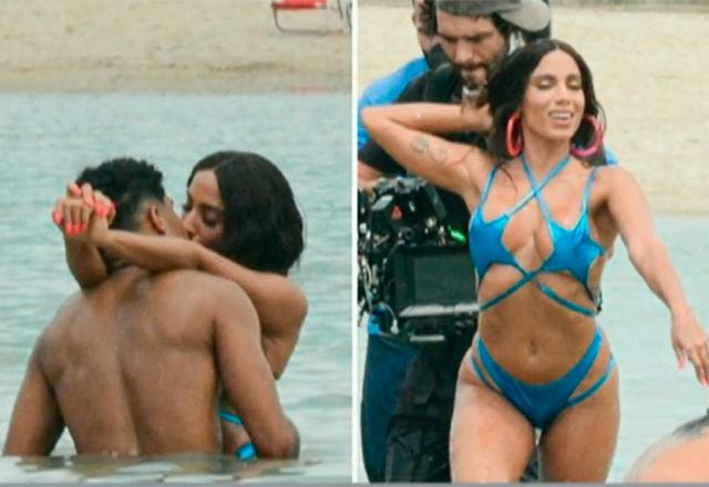 Anitta beijando Tiago Alves durante gravação de clipe