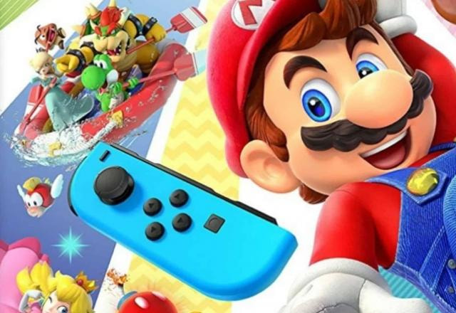 Mario e seus amigos junto a um controle do Nintendo Switch