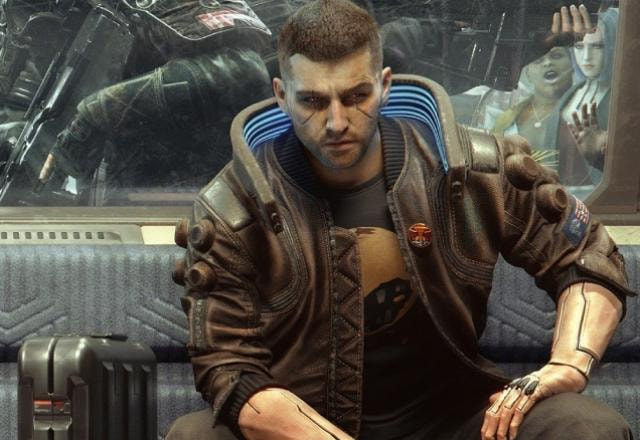 Personagem V de Cyberpunk 2077 sentado no metrô
