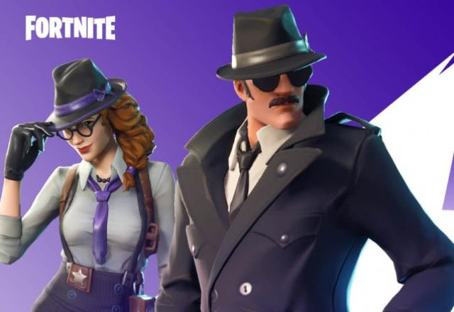 Cartaz do novo modo Espião Interior de Fortnite com dois espiões de sobretudo