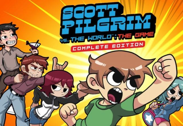 Scott Pilgrim rodeado de amigos e vilões do HQ