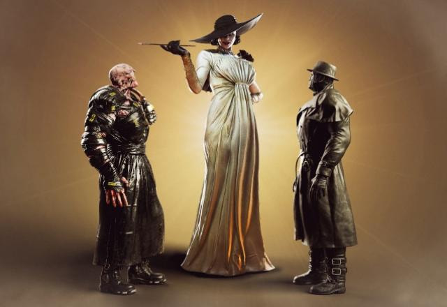 Lady Dimitrescu ao lado de Nemesis e Mr. X