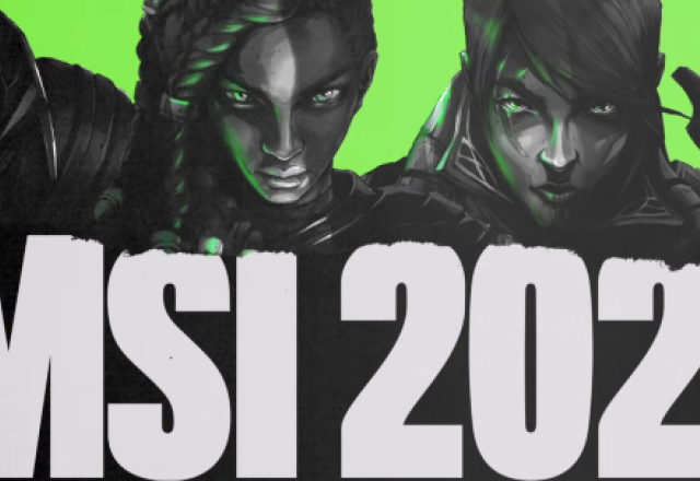 Imagem de divulgação do MSI 2021, com os campeões Jax, Senna, Aphelios e Orianna