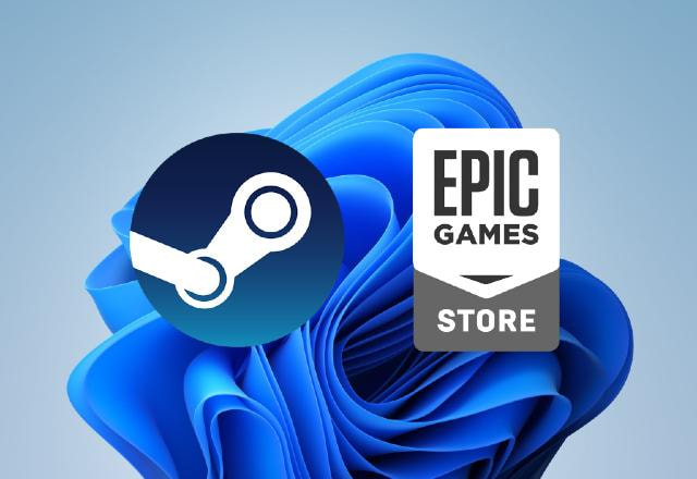 Montagem com o papel de parede do Windows 11 e os logos da Steam e Epic Store lado a lado