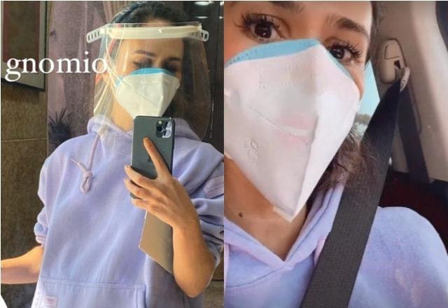 Tatá Werneck usa duas máscaras e face shield como proteção contra a Covid-19