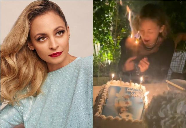 Nicole Richie sopra as velas de seu bolo de aniversário e cabelo pega fogo