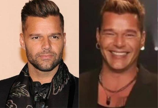 Ricky Martin em foto antiga à esquerda; Ricky Martin com rosto mudado à direita