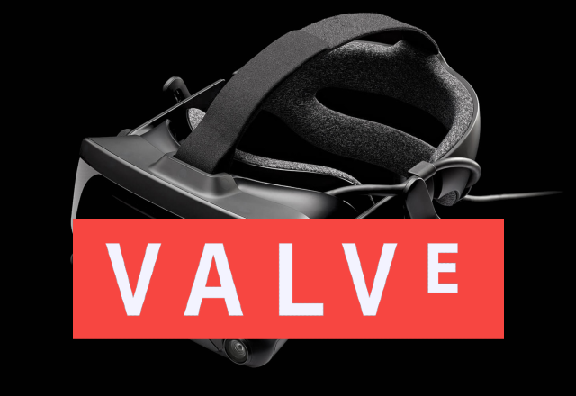 Montagem com um headset de VR e o logo da Valve