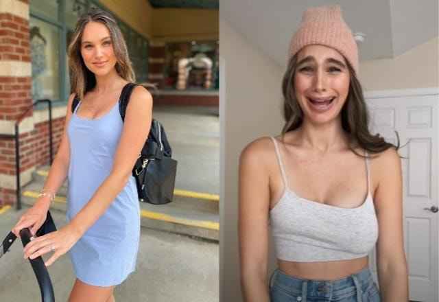 Influenciadora Abbie Herbert com os seios normais à esquerda e com eles diferentes à direita