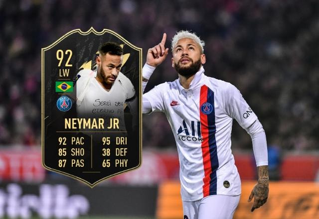 Montagem com imagem de Neymar durante jogo do PSG e sua nova carta no FUT 22