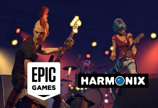 Imagem promocional de Rock Band 4 com o logo da Epic Games e da Harmonix