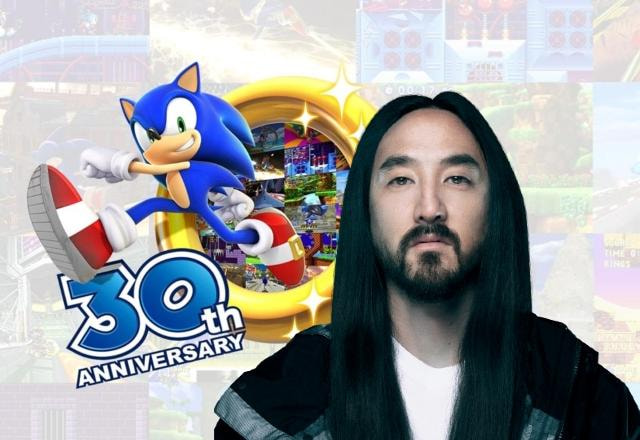 Montagem com Steve Aoki sobrepondo o logo doe 30 anos do Sonic