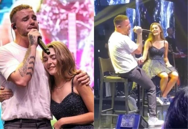 Liam Payne ao lado da jovem Amanda Callegari durante show em festa de aniversário