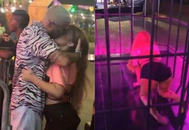 Viih Tube beijando Lipe Ribeiro à esquerda; Viih Tube dançando dentro de gaiola à direita