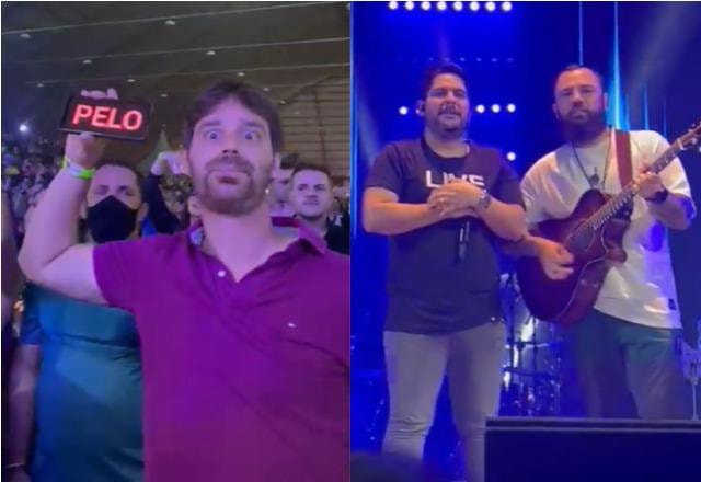 Fã segurando celular com mensagem à esquerda; Dupla Jorge e Mateus durante show à direita