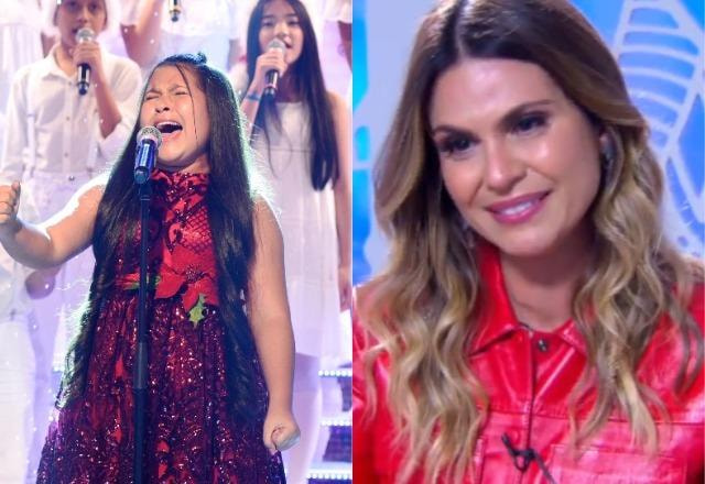 Thais Helena cantando no palco de Eliana à esquerda; Aline Barros emocionada à direita