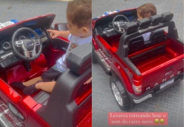 Stories de Murilo Huff mostrando Léo dentro do carrinho elétrico vermelho