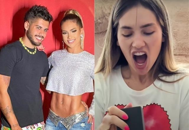 Virginia Fonseca posa com Zé Felipe à esquerda; Virginia chocada com presente à direita