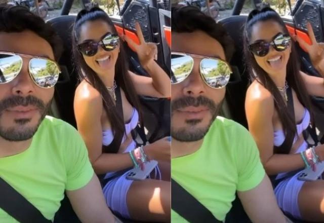 Rodolffo e Aiane Freitas tiram selfie dentro de buggy em Trancoso