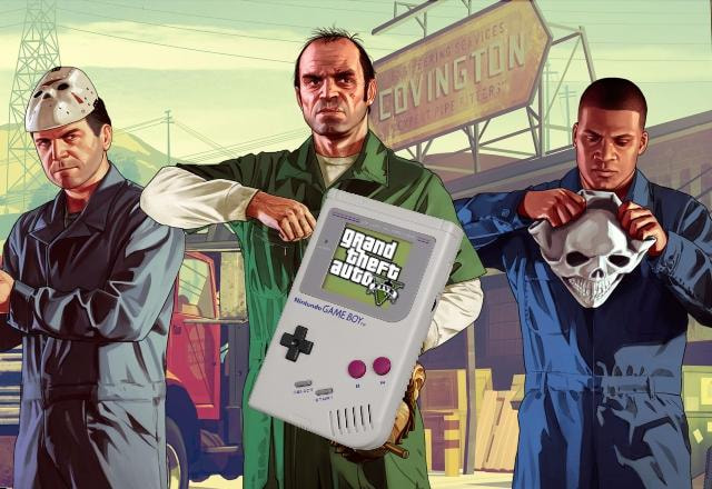 Imagem promocional de Grand Theft Auto V com a montagem de um Game Boy por cima