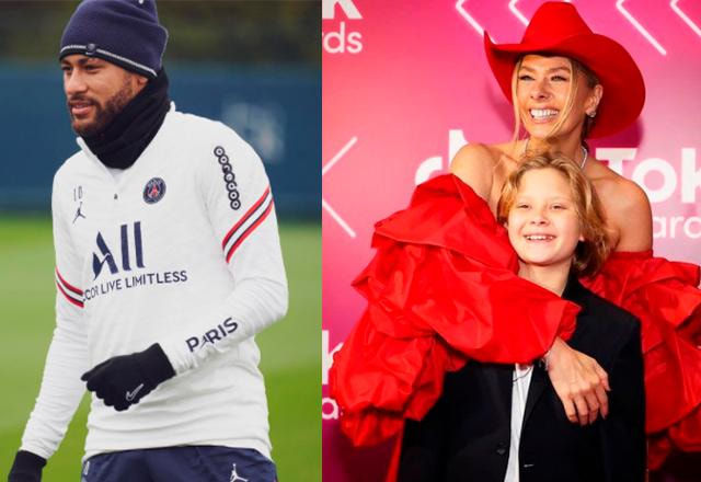 montagem mostra foto de neymar jogando ao lado de foto de adriane com o filho dela