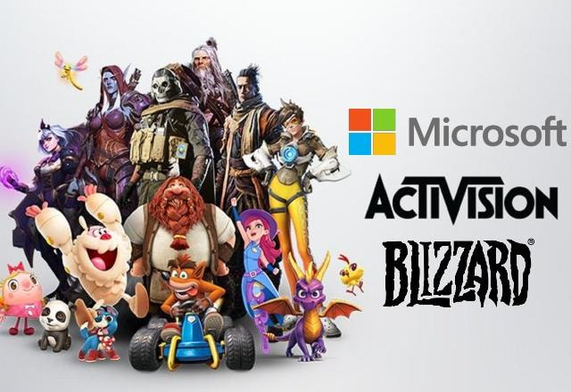 Montagem com imagem promocional da Activision Blizzard com o logo da Microsoft