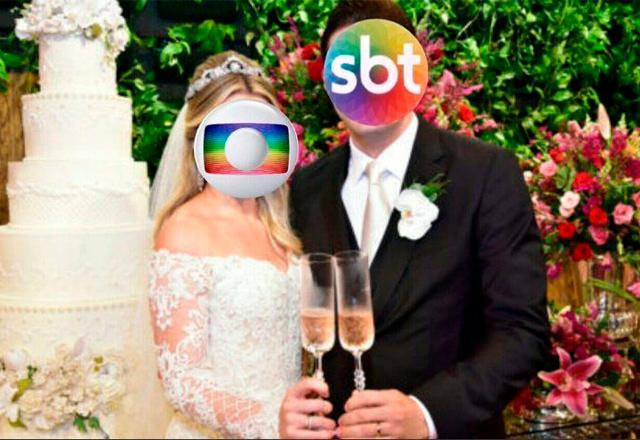 montagem mostra duas pessoas se casando, mas no lugar do rosto, aparecem o logo do sbt e da globo