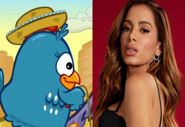 Galinha Pintadinha de um lado da foto e Anitta posando para foto no outro