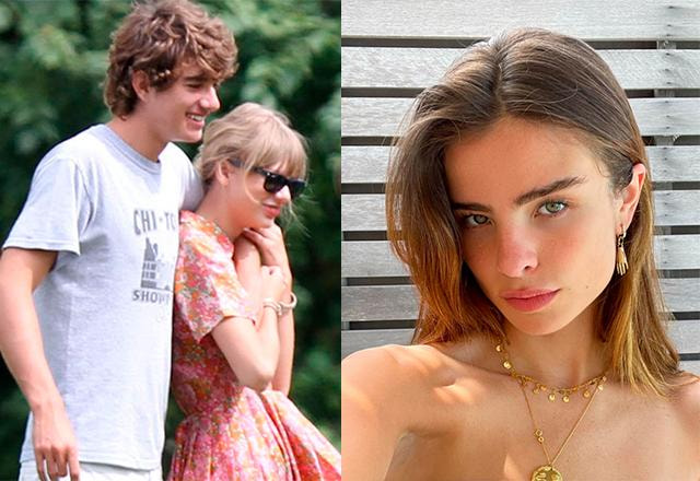 montagem com as fotos de giulia be à direita e taylor swift com conor kennedy à esquerda