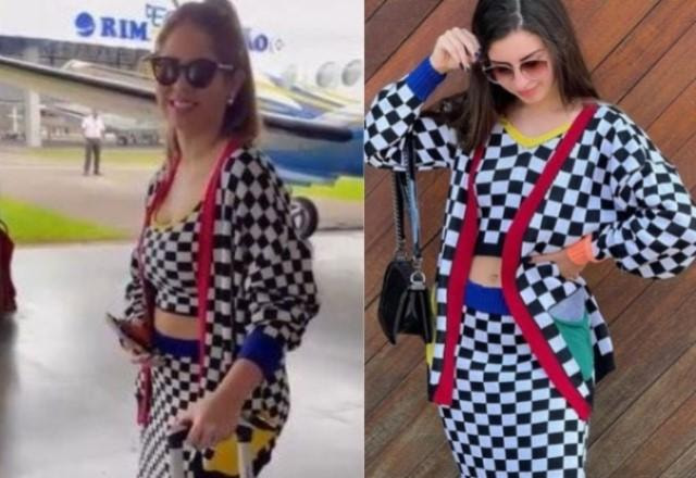 Marília Mendonça usando conjunto quadriculado em aeroporto; Modelo vestindo o mesmo conjunto em anúncio de loja
