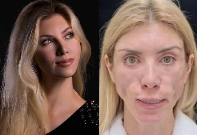 Miss Yulia Tarasevich antes da cirurgia à esquerda; Miss Yulia Tarasevich com o rosto desfigurado à direita