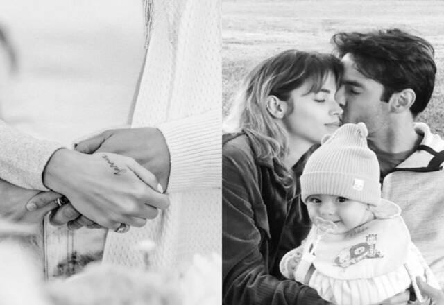 Carol Dias, Kaká e a filha Esther em foto preta e branca