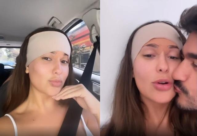 Prints dos stories de Thais Braz saindo da cirurgia e recebendo beijo na bochecha de Gui Napolitano