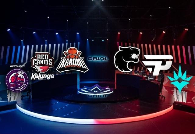 Montagem com o logo das equipes classificadas para os playoffs do CBLOL 2022 sobrepondo uma foto dos estúdios da Riot