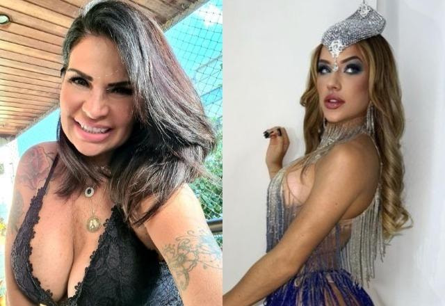 Solange Gomes em selfie à esquerda; Gabi Martins vestida como musa da Vila Isabel à direita