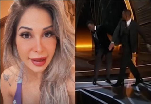 Maíra Cardi nos stories à esquerda; Will Smith batendo em Chris Rock à direita