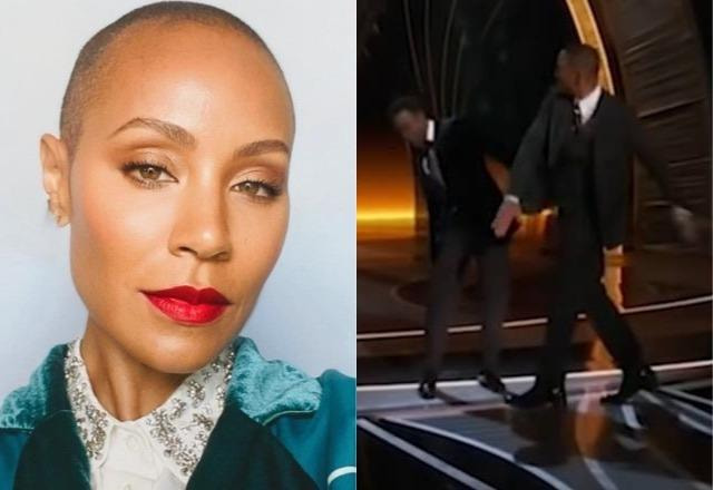 Jada Pinkett Smith faz selfie com blusa verde à esquerda; Will Smith dá tapa em Chris Rock à direita